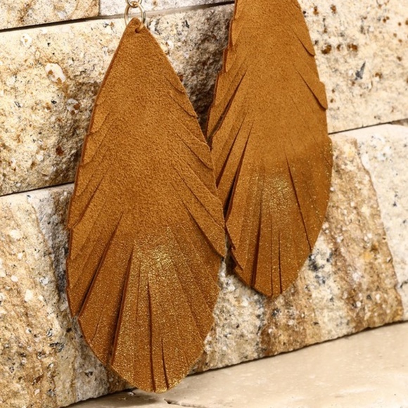 Boho Chic Golden Leather Metallic Drop Earrings - Picture 2 of 4